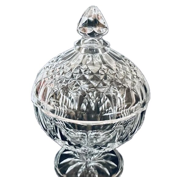 Longchamp Cut Crystal Footed Candy Dish w Lid Clear Geometric Pattern VTG '80s - Picture 7 of 9